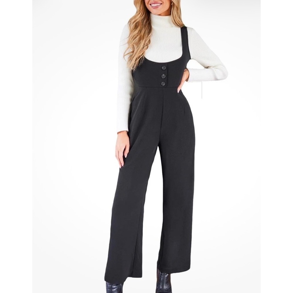 CUPSHE NWT Wide Leg Sleeveless Button Jumpsuit Black Large Stretch